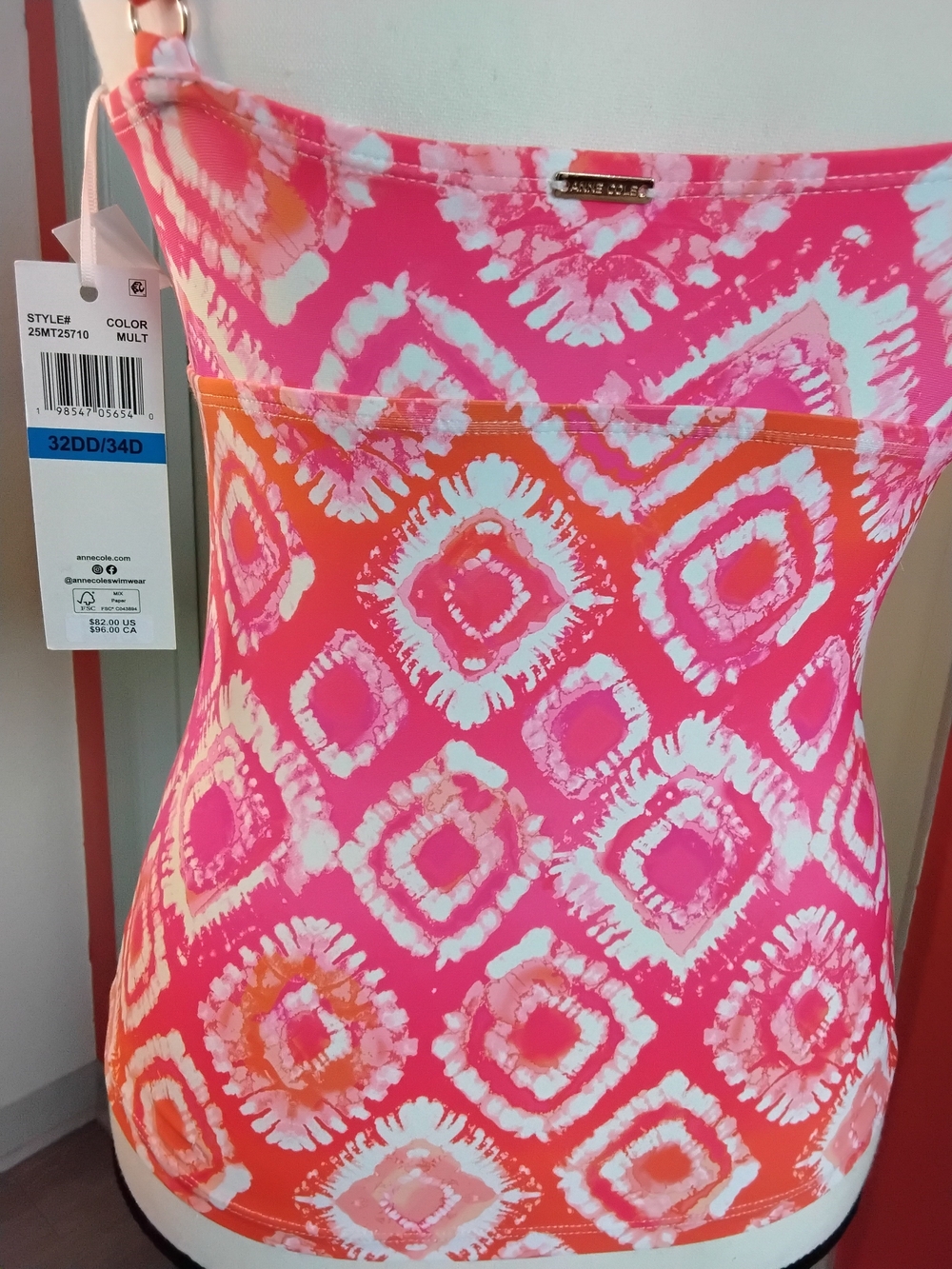 Anne Cole Pink & Orange Printed Tankini Top - Picture 2 of 3
